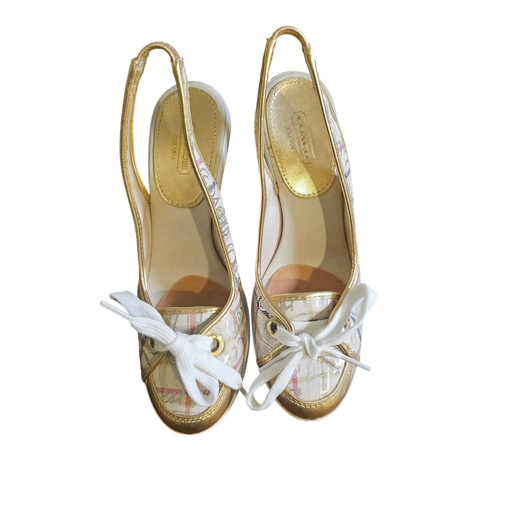 Coach Emilanna Wedge Sandals Womens 8B Gold White Monogram Plaid Slingback A3302
